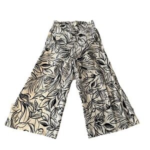 Christian Siriano New York Linen Wide Leg Pants Black White Tropical Print S